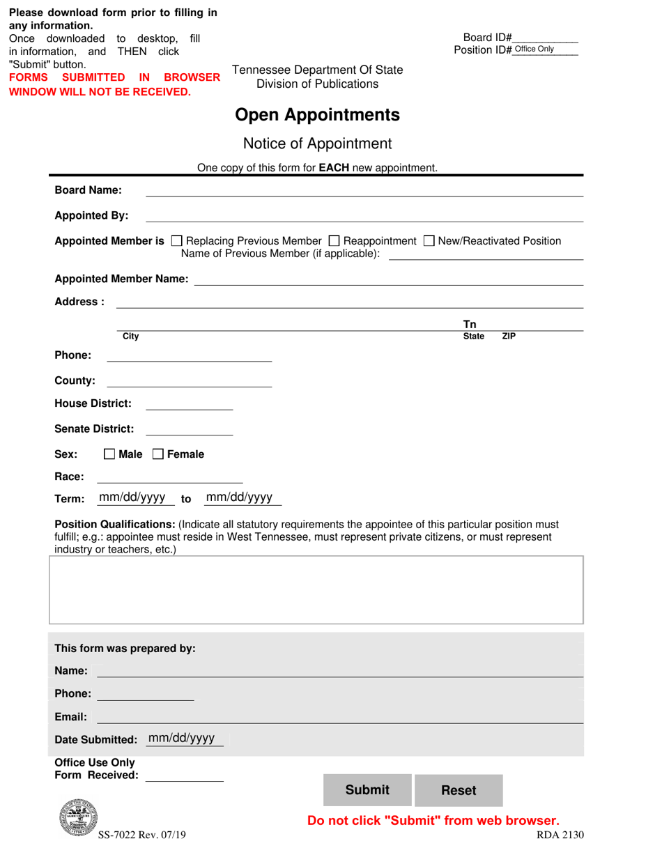 Form SS-7022 Notice of Appointment - Open Appointments - Tennessee, Page 1