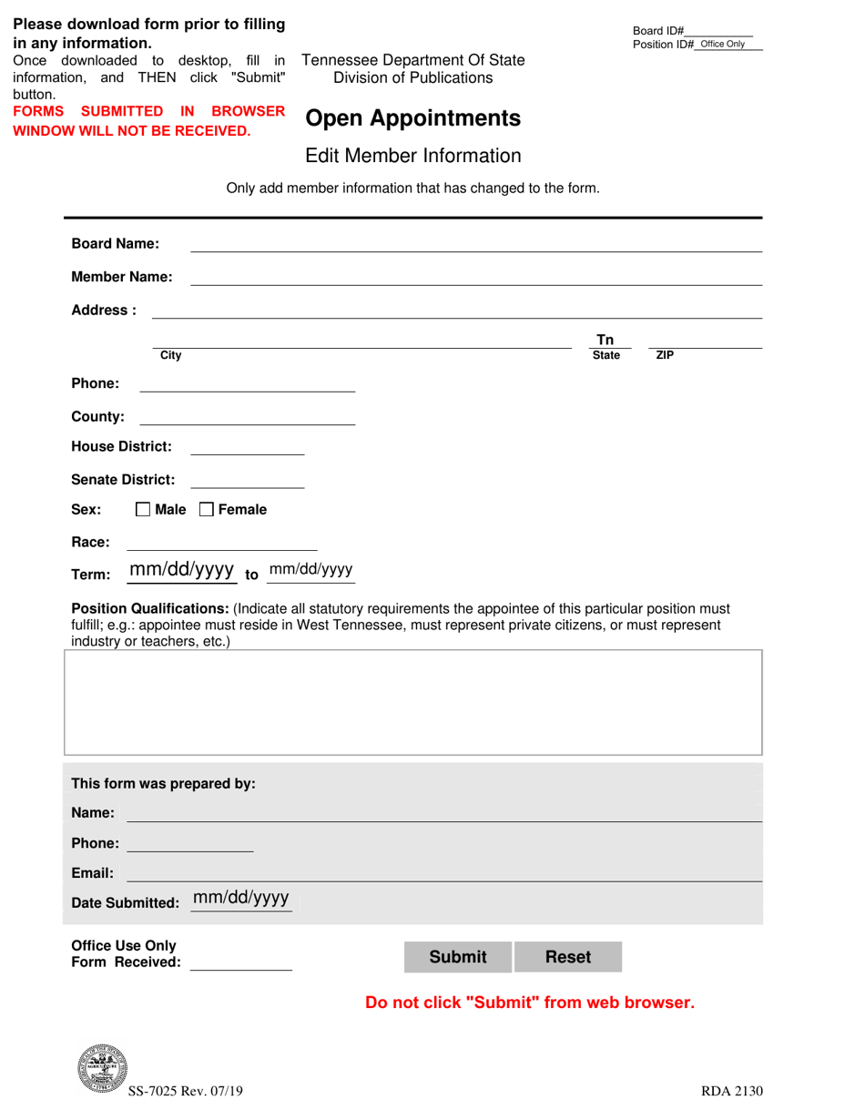 Form SS-7025 Edit Member Information - Open Appointments - Tennessee, Page 1