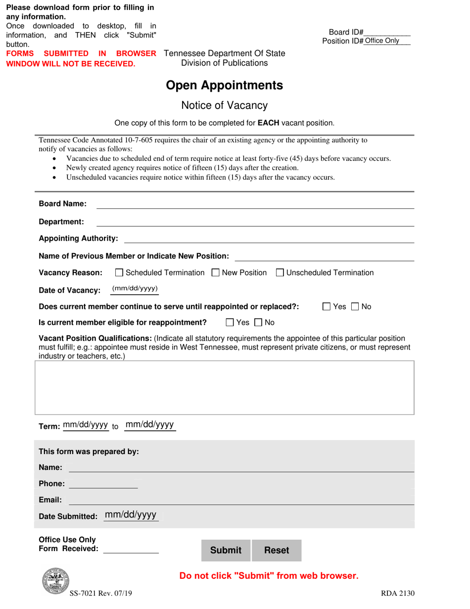 Form SS-7021 Notice of Vacancy - Open Appointments - Tennessee, Page 1