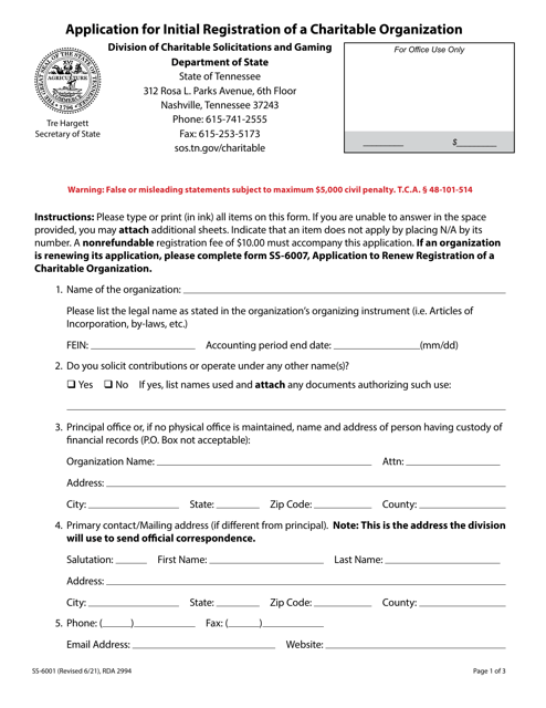 Form SS-6001 Application for Initial Registration of a Charitable Organization - Tennessee