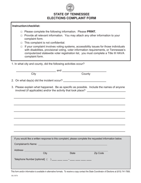 Form SS-3074 Elections Complaint Form - Tennessee