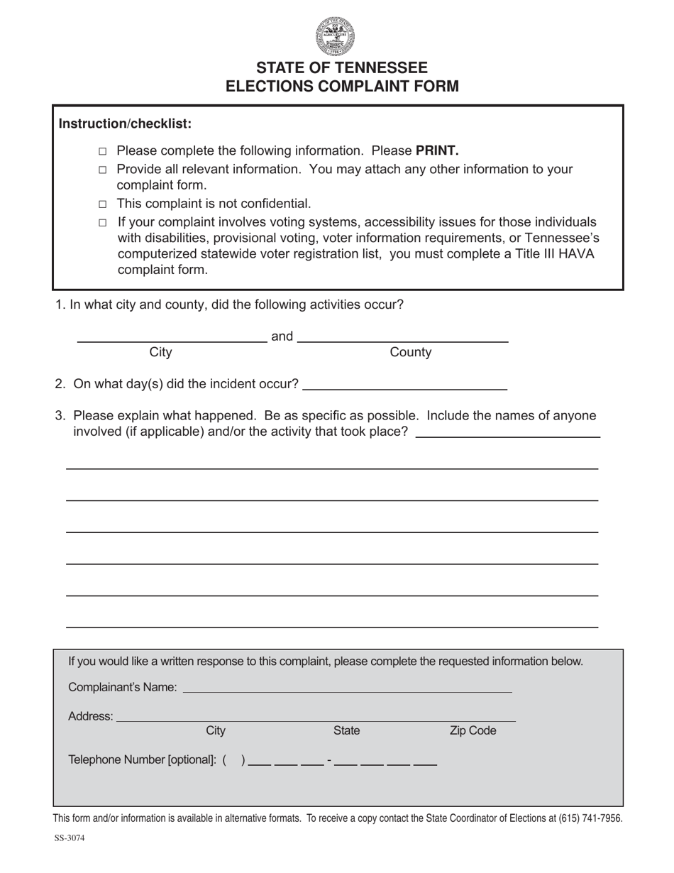 Form SS-3074 Elections Complaint Form - Tennessee, Page 1