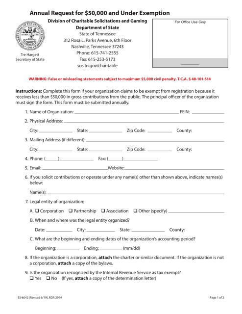 Form SS-6042 Annual Request for $50,000 and Under Exemption - Tennessee