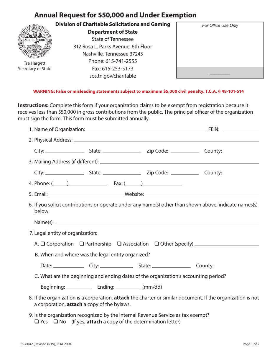Form SS-6042 Annual Request for $50,000 and Under Exemption - Tennessee, Page 1