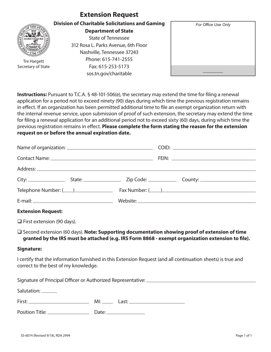 Form SS-6074 Extension Request - Tennessee, Page 1