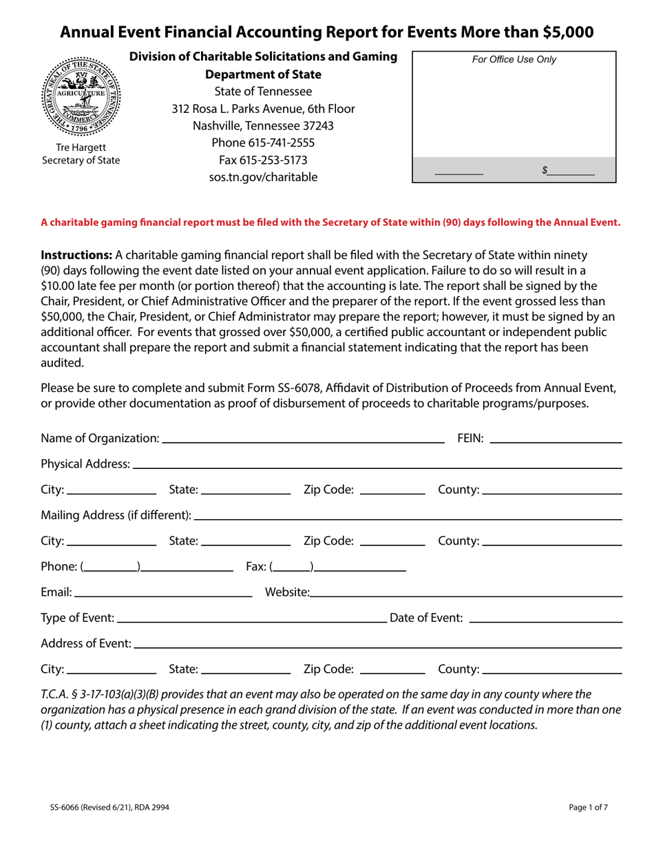 Form SS-6066 Annual Event Financial Accounting Report for Events More Than $5,000 - Tennessee, Page 1