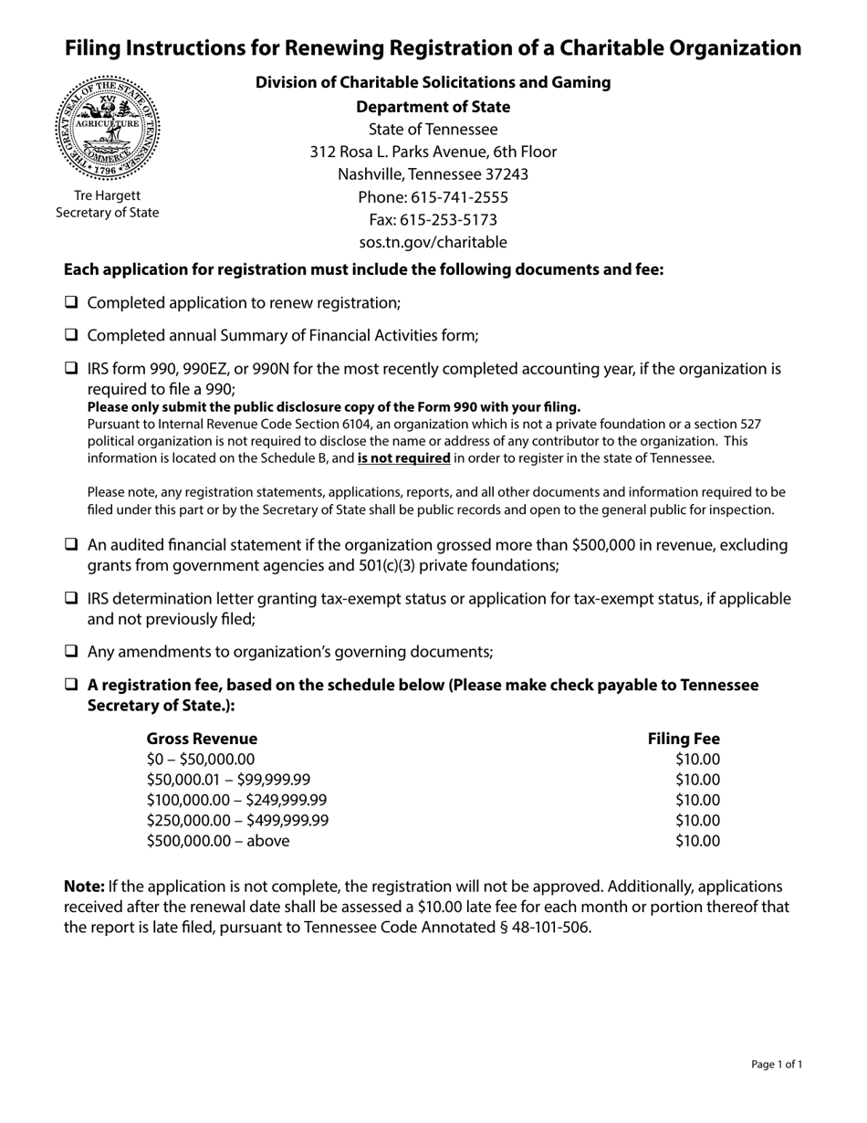 Instructions for Form SS-6007 Application to Renew Registration of a Charitable Organization - Tennessee, Page 1