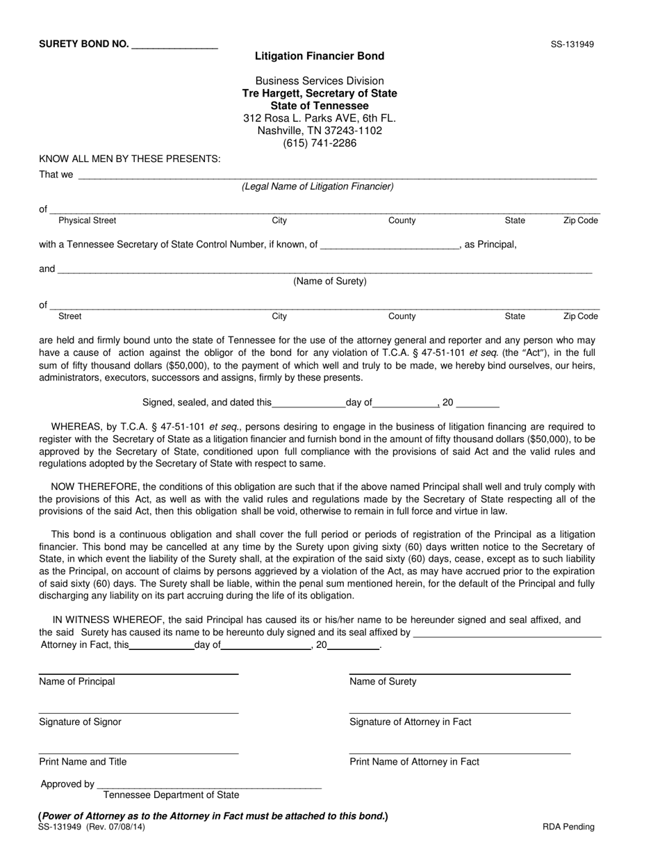 Form SS-131949 Litigation Financier Bond - Tennessee, Page 1