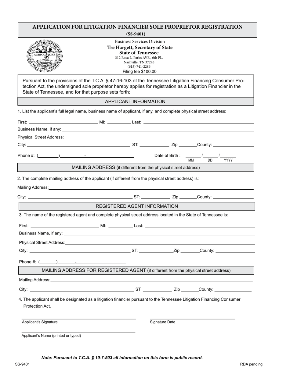 Form SS-9401 Application for Litigation Financier Sole Proprietor Registration - Tennessee, Page 1