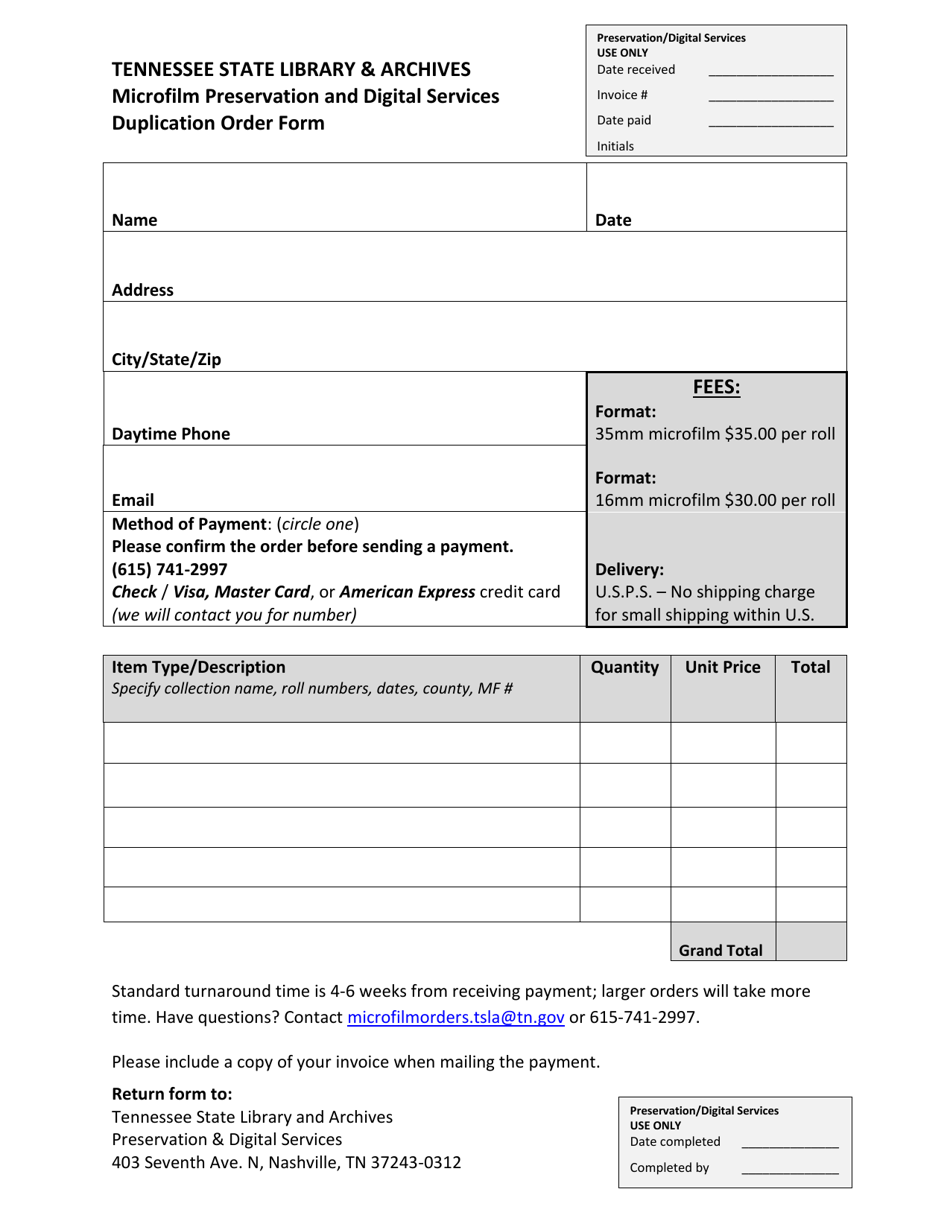 Microfilm Preservation and Digital Services Duplication Order Form - Tennessee, Page 1