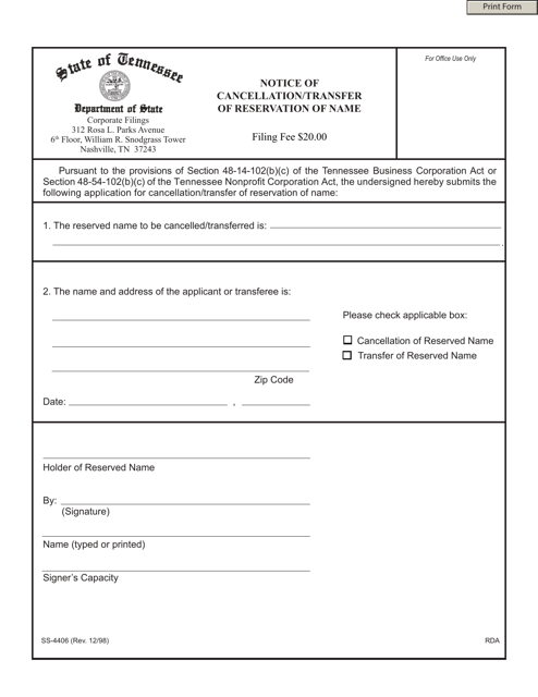 Form SS-4406 Notice of Cancellation/Transfer of Reservation of Name - Tennessee