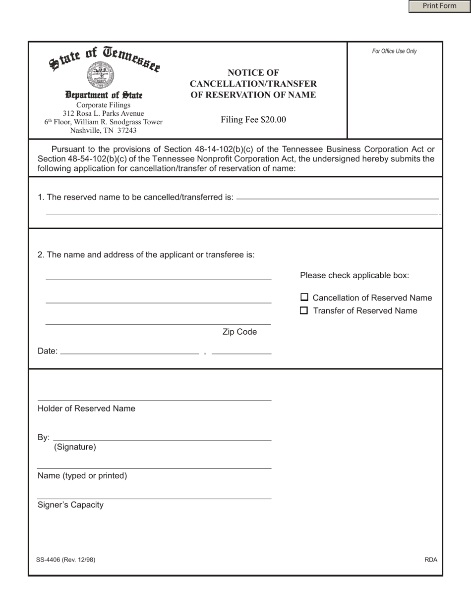 Form SS-4406 Notice of Cancellation / Transfer of Reservation of Name - Tennessee, Page 1