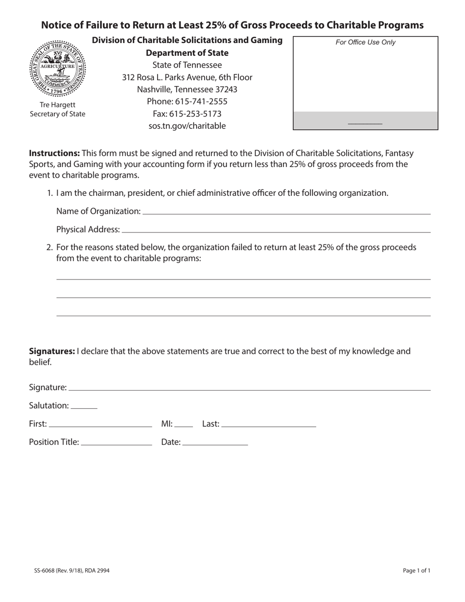 Form SS-6068 Notice of Failure to Return at Least 25% of Gross Proceeds to Charitable Programs - Tennessee, Page 1