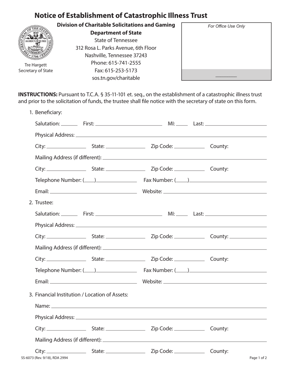 Form SS-6073 Notice of Establishment of Catastrophic Illness Trust - Tennessee, Page 1