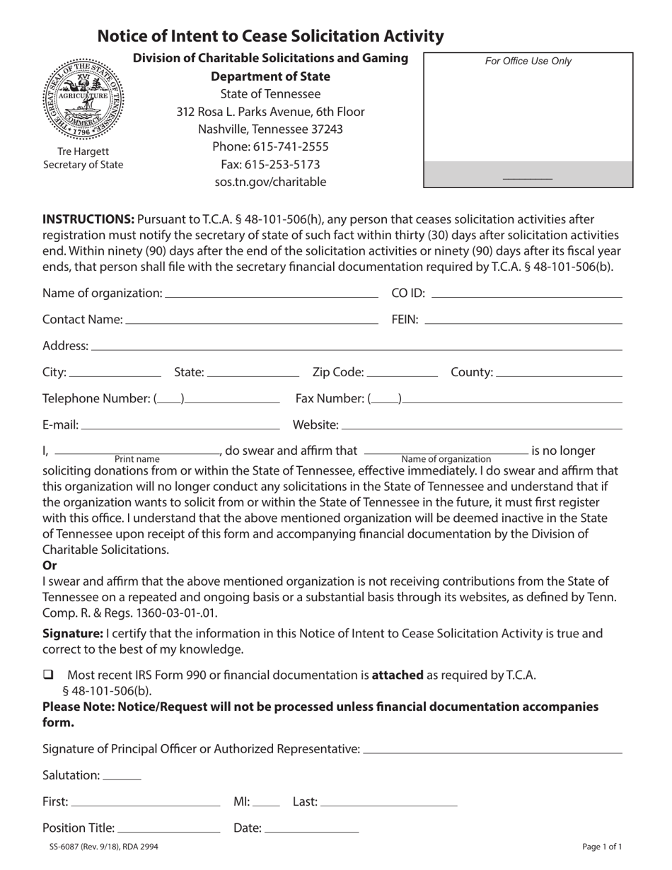 Form SS-6087 Notice of Intent to Cease Solicitation Activity - Tennessee, Page 1