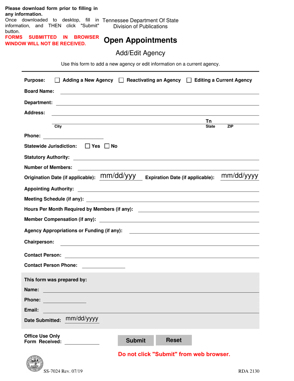 Form SS-7024 Add / Edit Agency - Open Appointments - Tennessee, Page 1