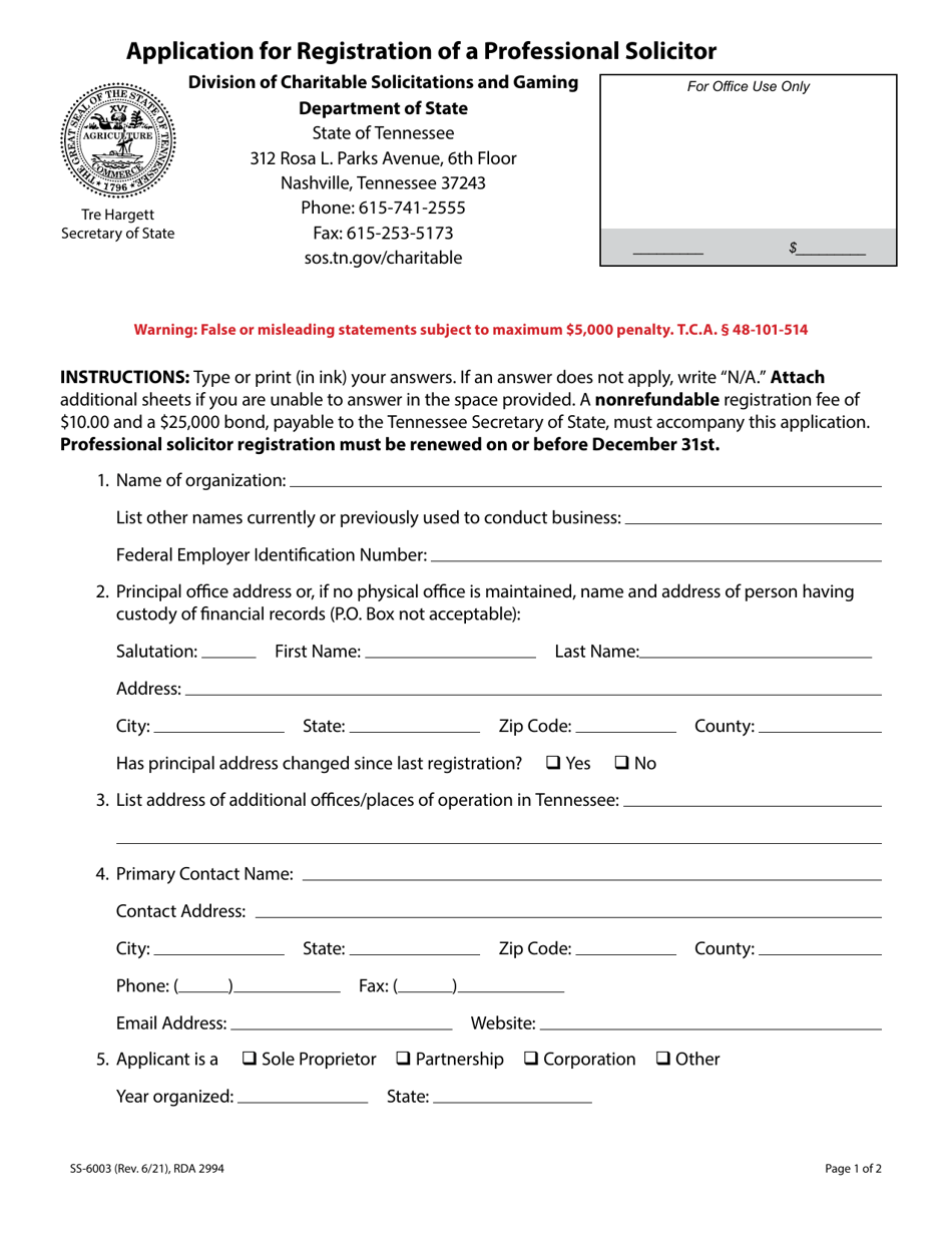 Form SS-6003 Application for Registration of a Professional Solicitor - Tennessee, Page 1