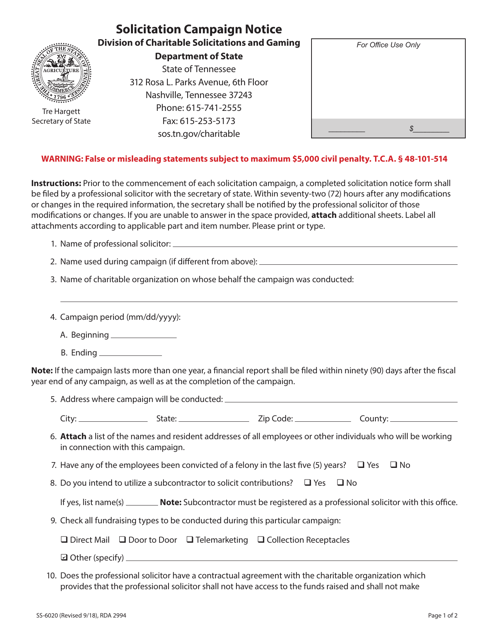 Form SS-6020 Solicitation Campaign Notice - Tennessee