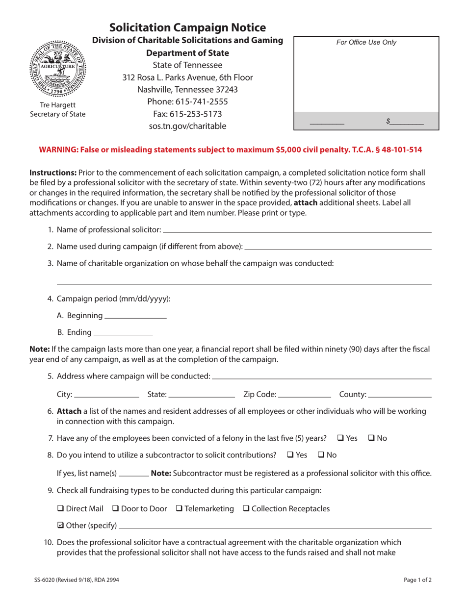 Form SS-6020 Solicitation Campaign Notice - Tennessee, Page 1