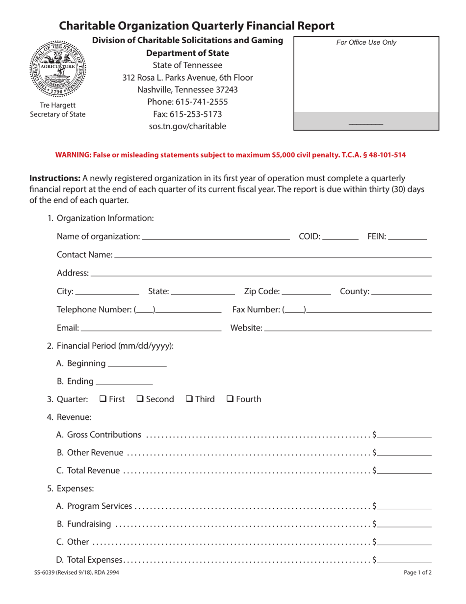 Form SS-6039 Charitable Organization Quarterly Financial Report - Tennessee, Page 1