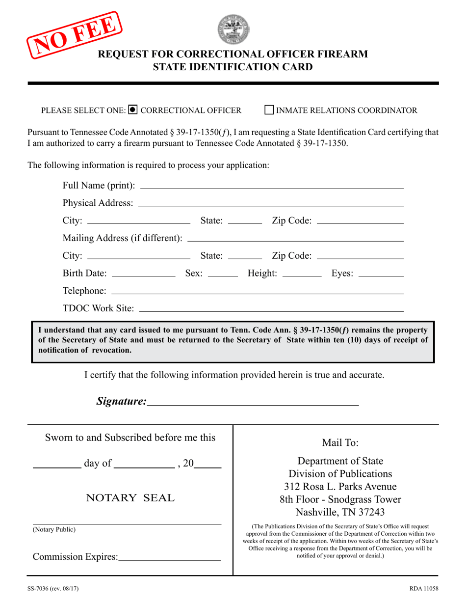 Form SS-7036 Request for Correctional Officer Firearm State Identification Card - Tennessee, Page 1