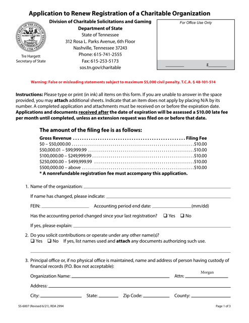 Document preview: Form SS-6007 Application to Renew Registration of a Charitable Organization - Tennessee