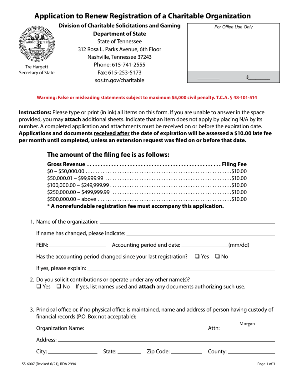Form SS-6007 Application to Renew Registration of a Charitable Organization - Tennessee, Page 1