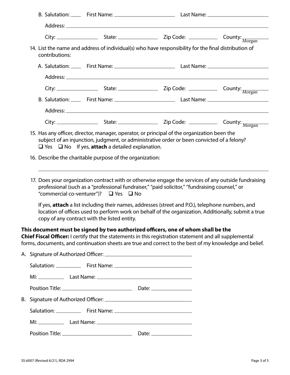 Form SS-6007 Application to Renew Registration of a Charitable Organization - Tennessee, Page 3