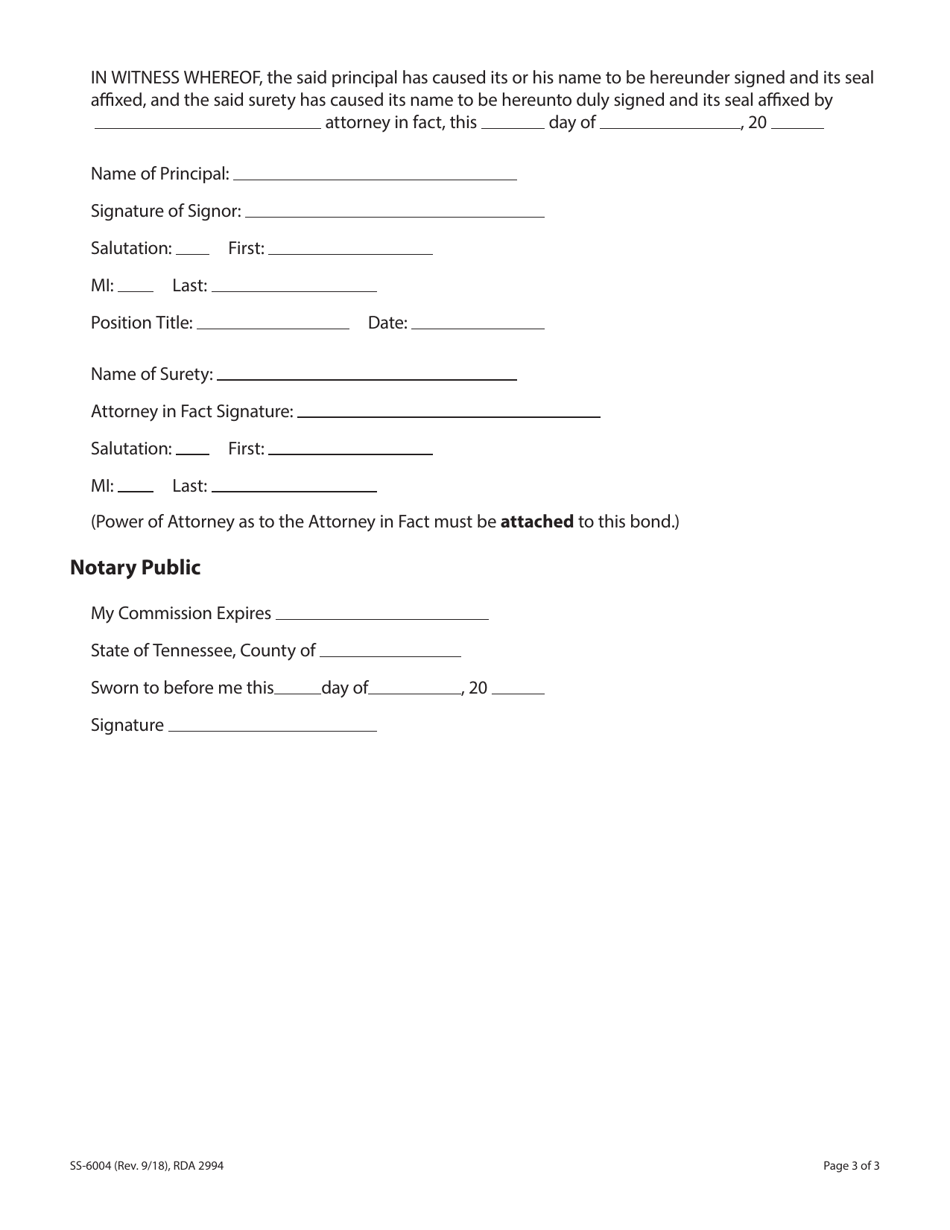 Form SS-6004 Surety Bond Form - Tennessee, Page 3