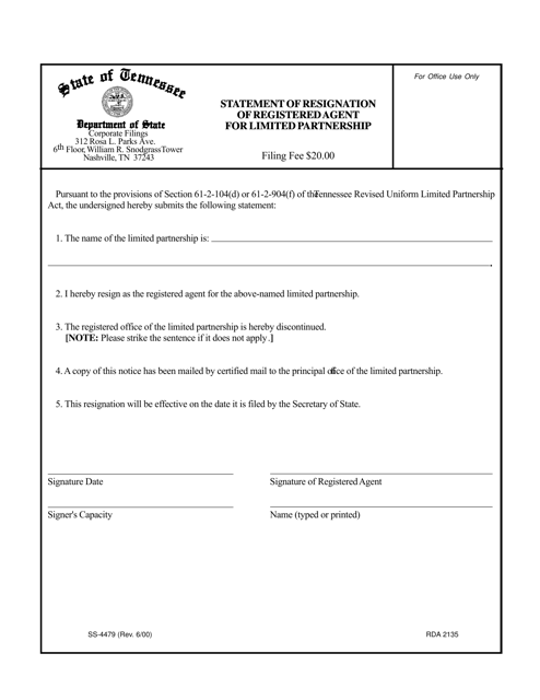 Form SS-4479 Statement of Resignation of Registered Agent for Limited Partnership - Tennessee
