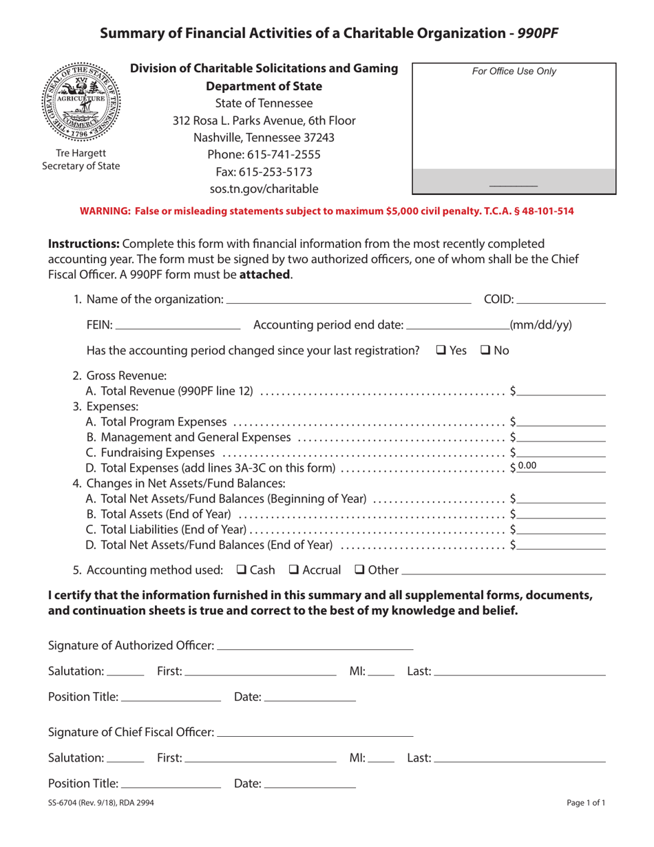 Form SS-6704 Summary of Financial Activities of a Charitable Organization - 990pf - Tennessee, Page 1