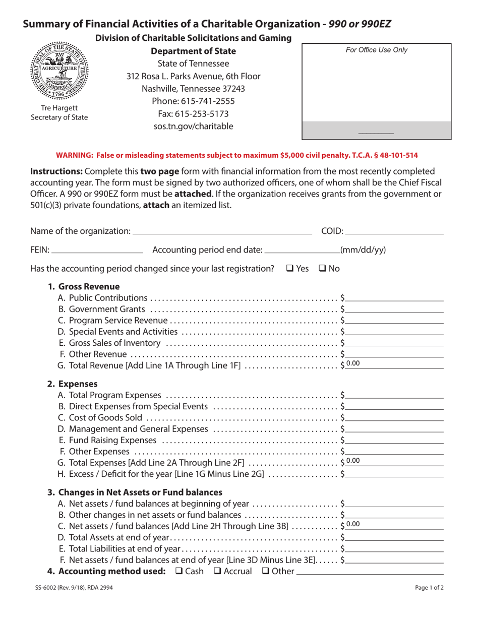 Form SS-6002 Summary of Financial Activities of a Charitable Organization - 990 or 990ez - Tennessee, Page 1