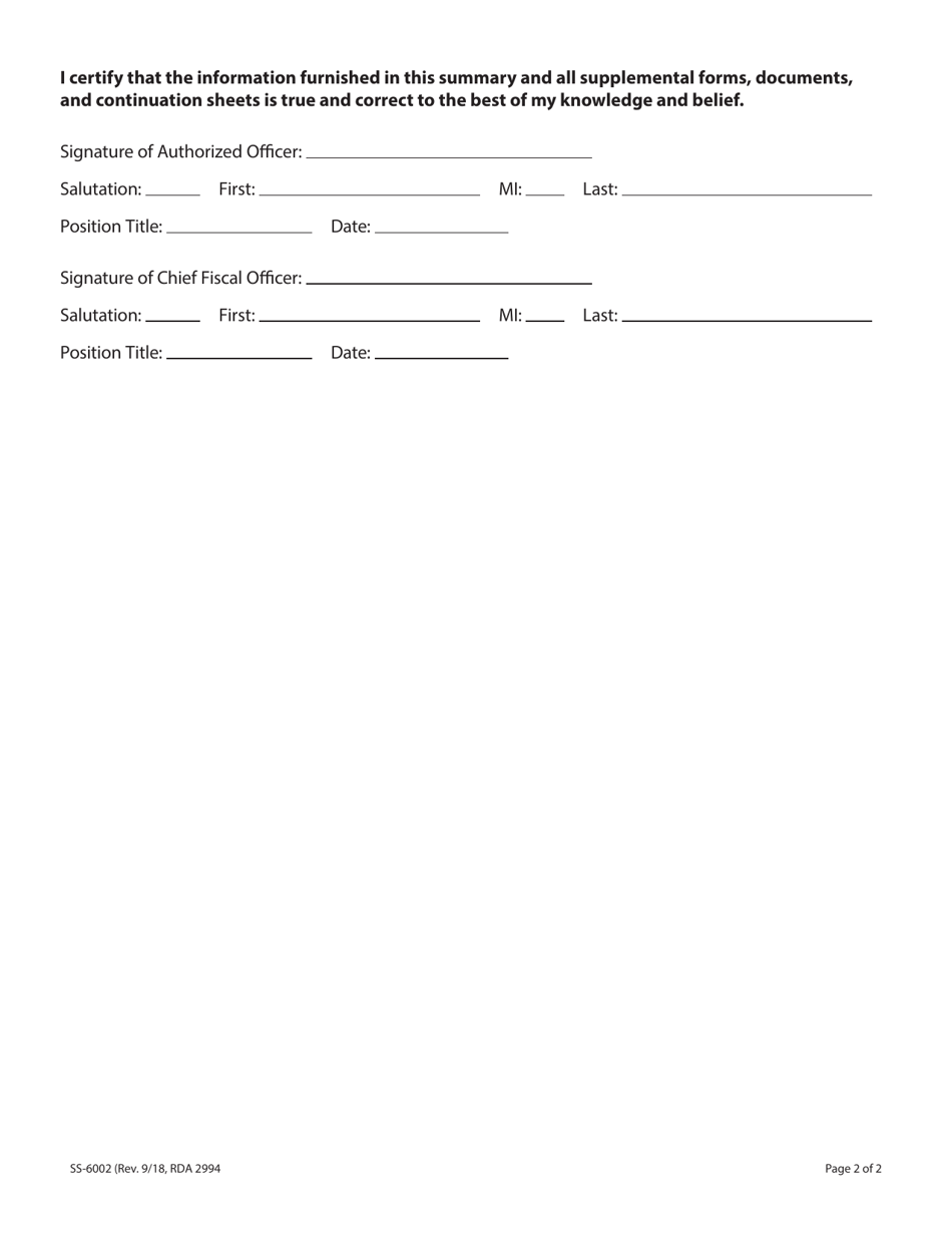 Form SS-6002 Summary of Financial Activities of a Charitable Organization - 990 or 990ez - Tennessee, Page 2