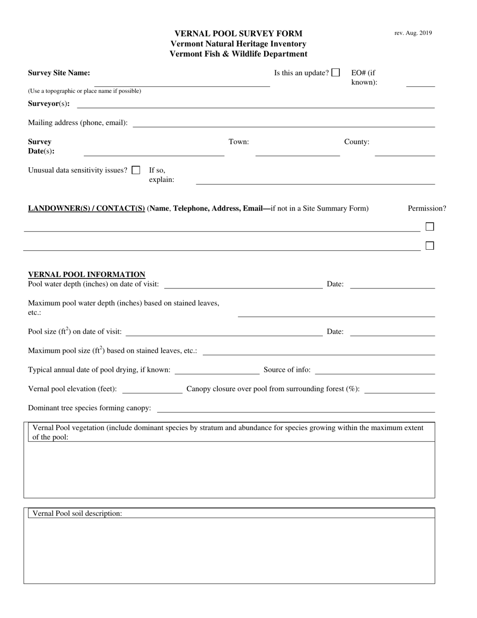 Vernal Pool Survey Form - Vermont Natural Heritage Inventory - Vermont, Page 1