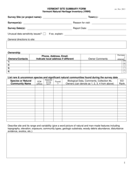 &quot;Vermont Site Summary Form - Vermont Natural Heritage Inventory (Vnhi)&quot; - Vermont