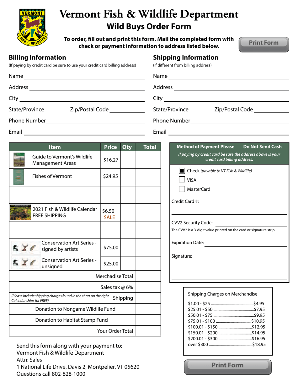 Wild Buys Order Form - Vermont, Page 1