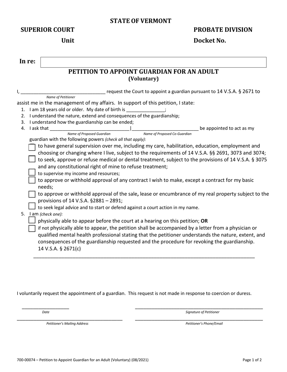Form 700-00074 Petition to Appoint Guardian for an Adult (Voluntary) - Vermont, Page 1