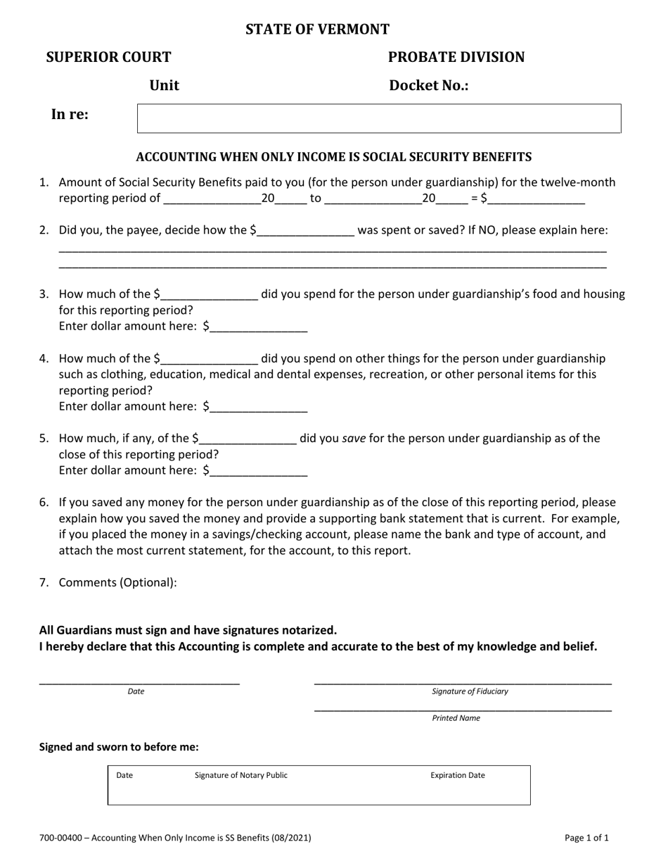 Form 700-00400 Accounting When Only Income Is Social Security Benefits - Vermont, Page 1