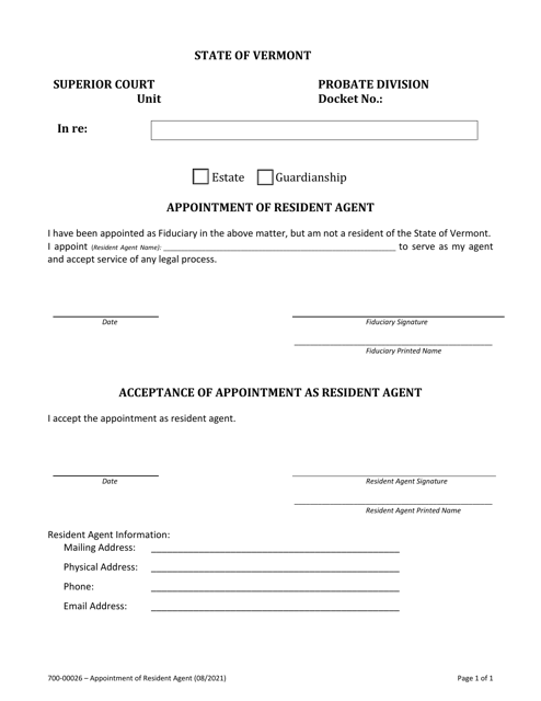 Form 700-00026 Appointment of Resident Agent - Vermont