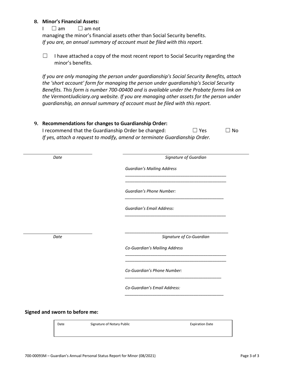 Form 700-00093M Guardians Annual Personal Status Report for Minor - Vermont, Page 3
