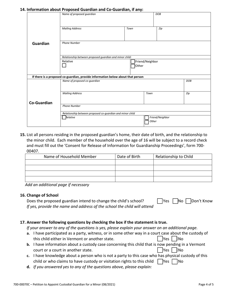 Form 700-00070C Petition to Appoint Custodial Guardian for a Minor - Vermont, Page 4