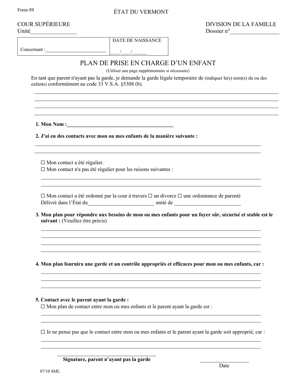 Form 89 Care Plan for Child - Vermont (French), Page 1