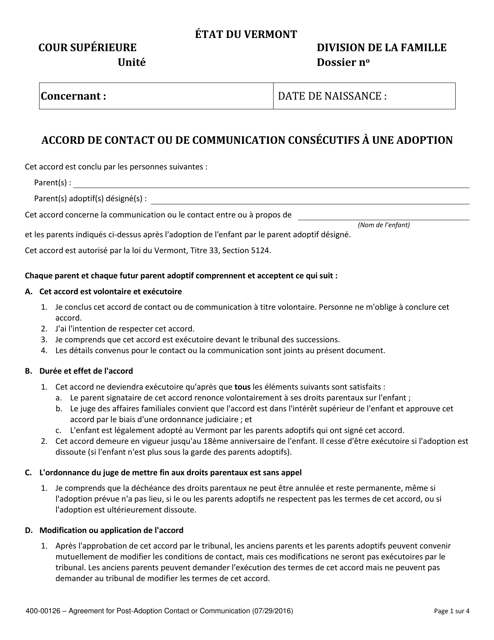 Form 400-00126 Agreement for Post-adoption Contact or Communication - Vermont (French)