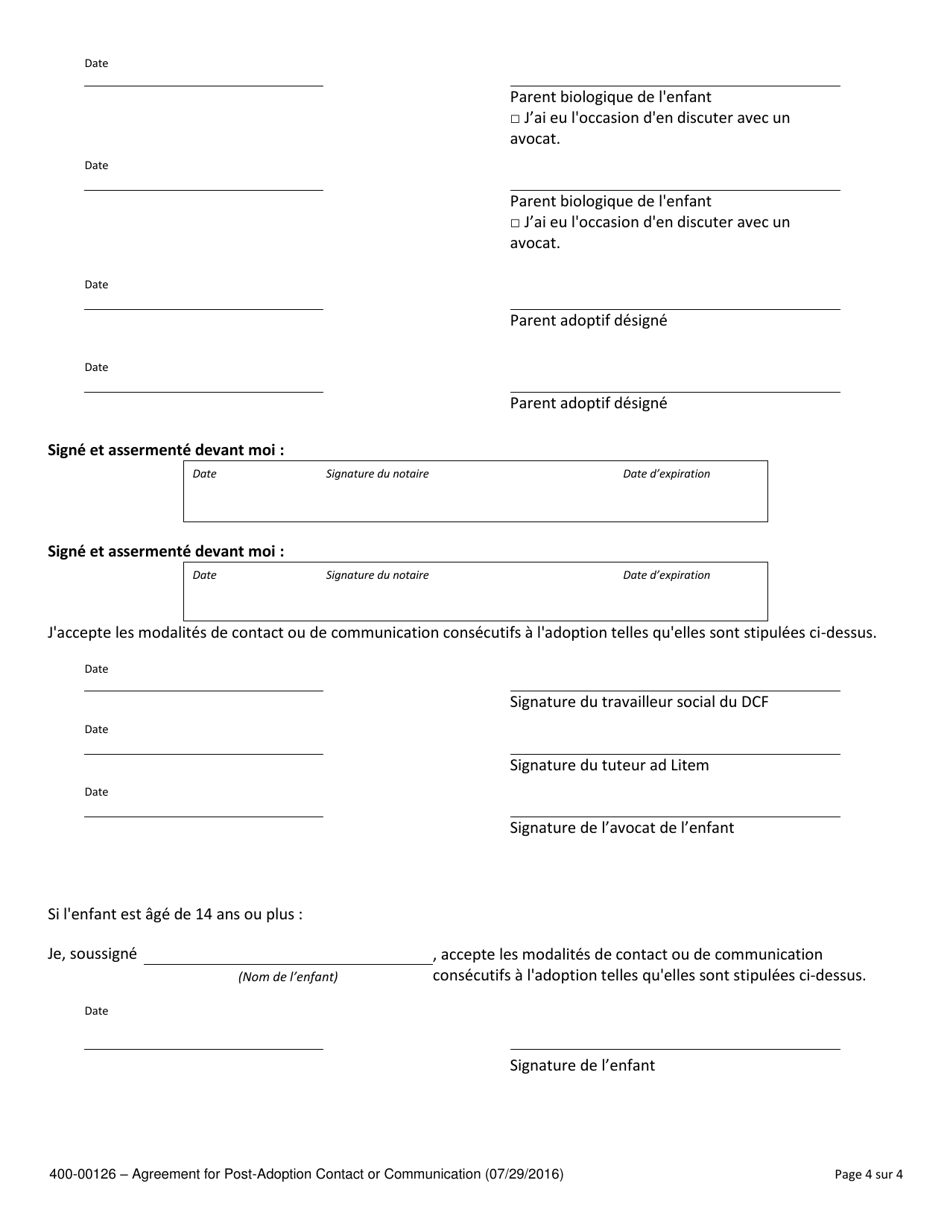 Form 400-00126 Agreement for Post-adoption Contact or Communication - Vermont (French), Page 4