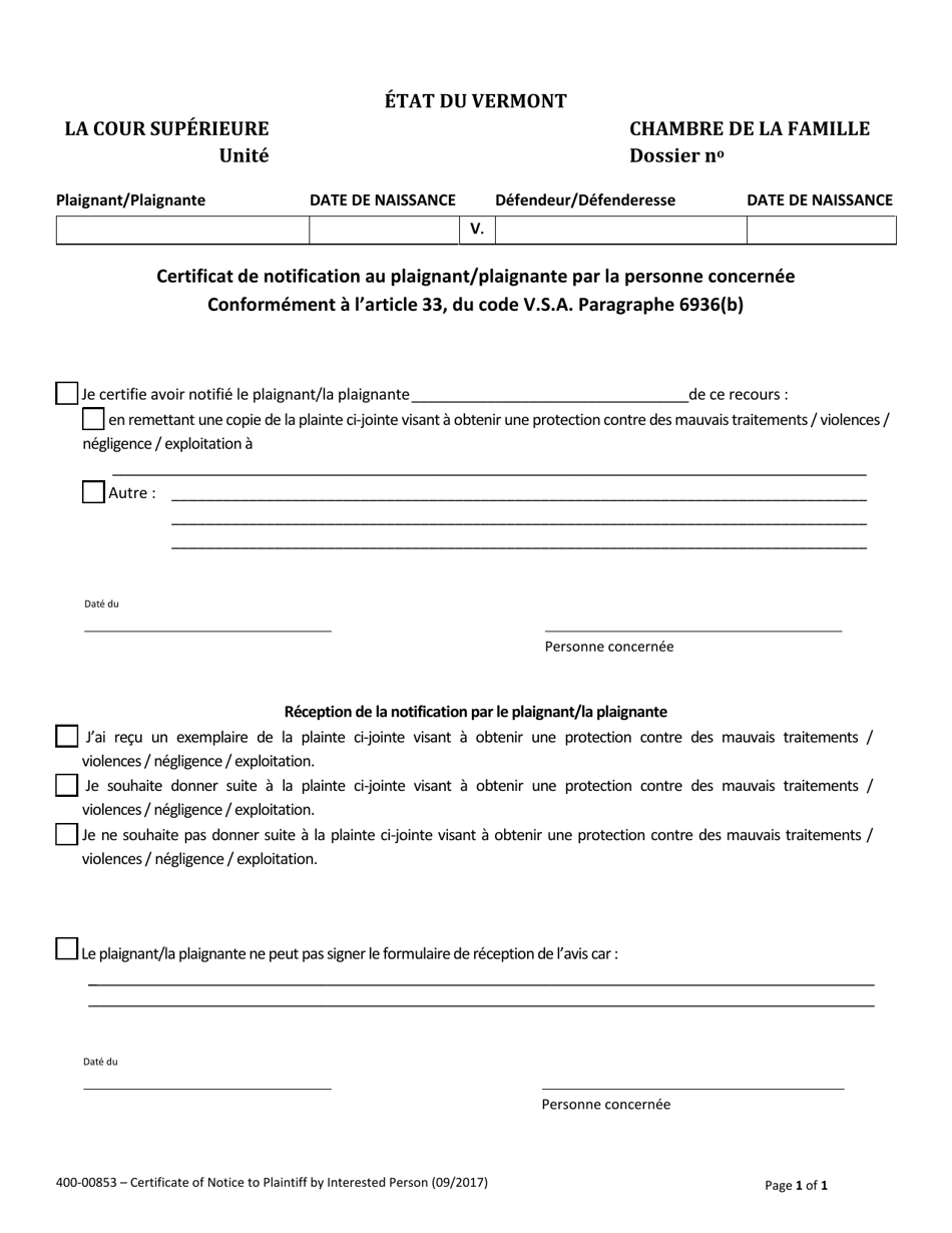 Form 400-00853 Certificate of Notice to Plaintiff by Interested Person - Vermont (French), Page 1