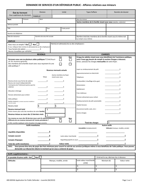 Form 400-00358J Application for Public Defender - Juvenile - Vermont (French)