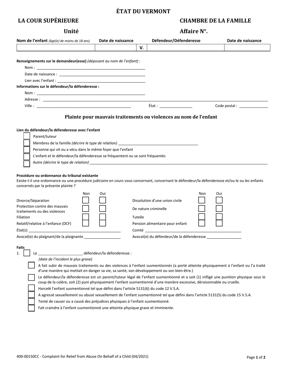 Form 400-00150CC Complaint for Relief From Abuse on Behalf of a Child - Vermont (French), Page 1