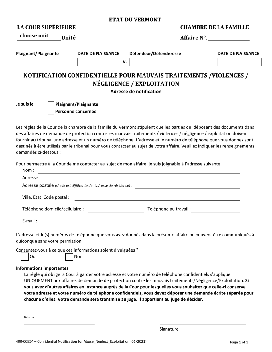 Form 400-00854 Confidential Notification for Abuse / Neglect / Exploitation - Vermont (French), Page 1