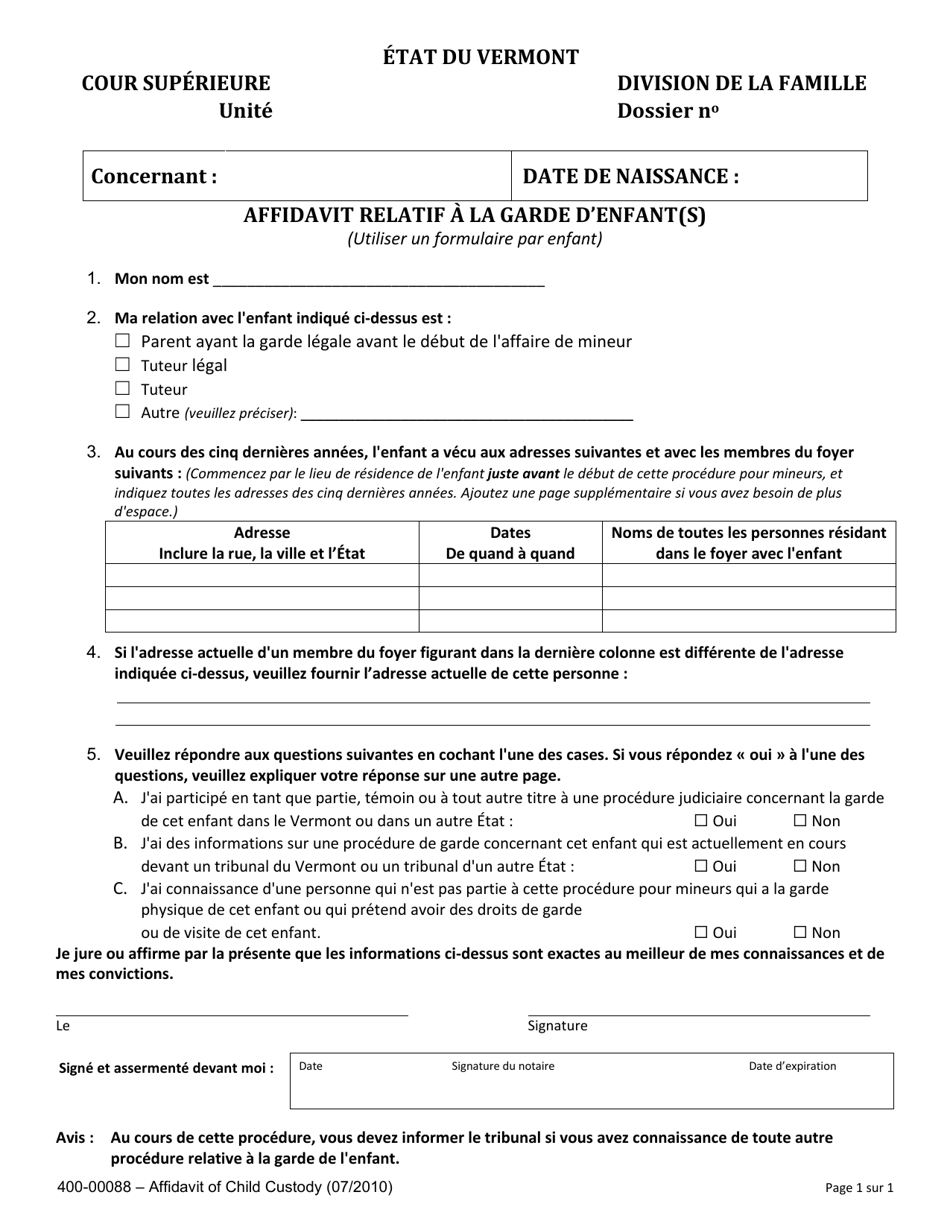 Form 400-00088 Affidavit of Child Custody - Vermont (French), Page 1