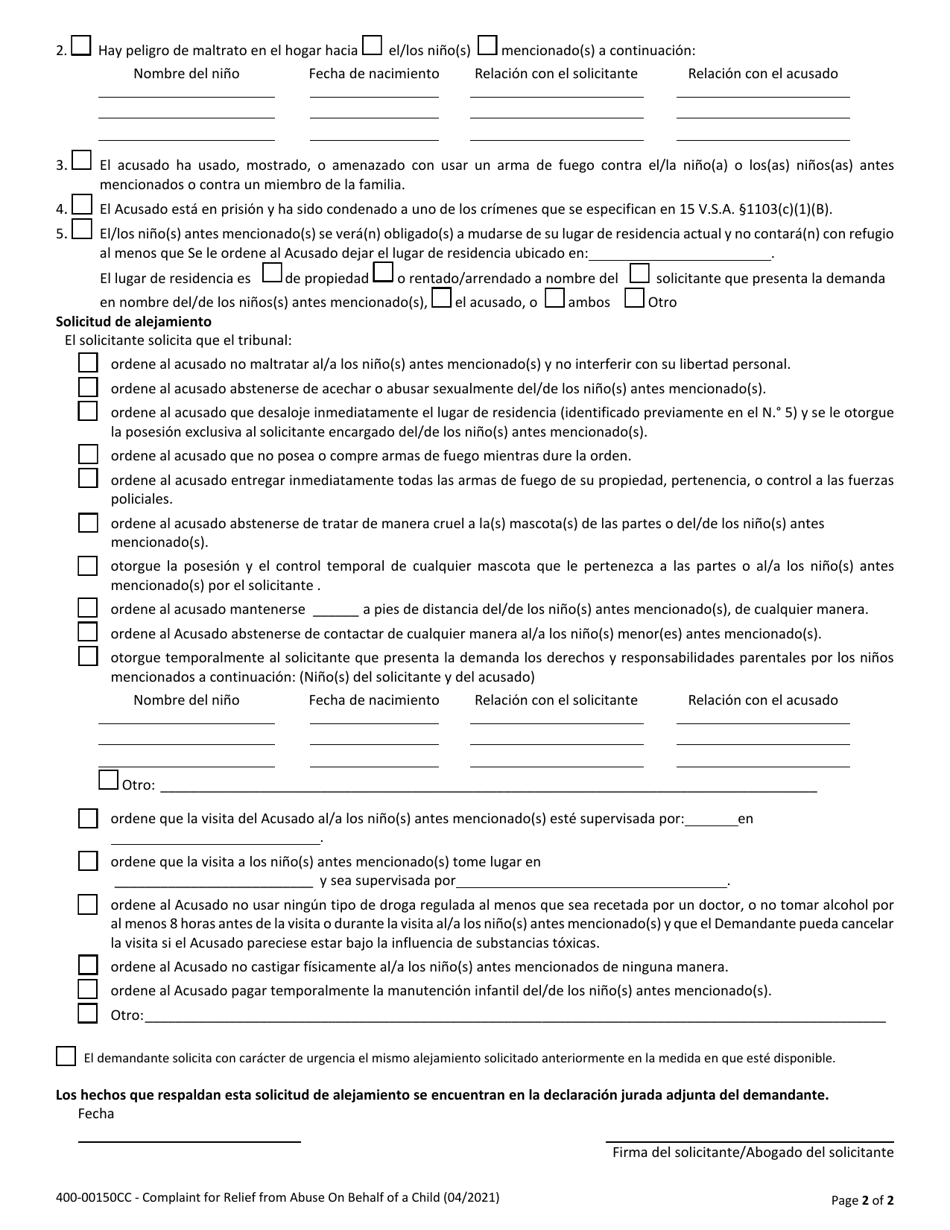 Formulario 400-00150CC Demanda Relacionada Con Una Orden De Alejamiento En Nombre De Un Menor - Vermont (Spanish), Page 2